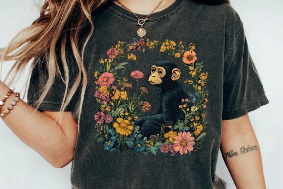 Download Cute Chimpanzee Vintage Floral Wreath Botanical Monkey Sublimation Design Png - Sublimation Collection